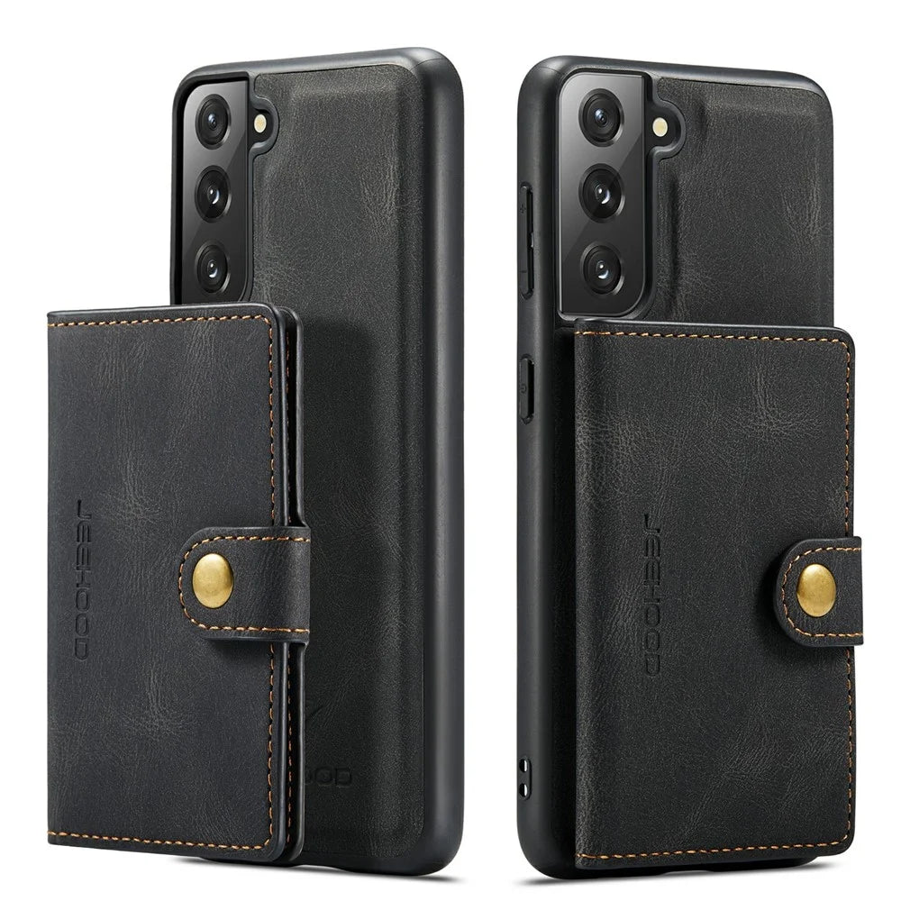 JEEHOOD Magnetic Wallet Design Detachable 2 in 1 Leather Coated TPU Case for Samsung Galaxy S21 4G/5G - Black - 2