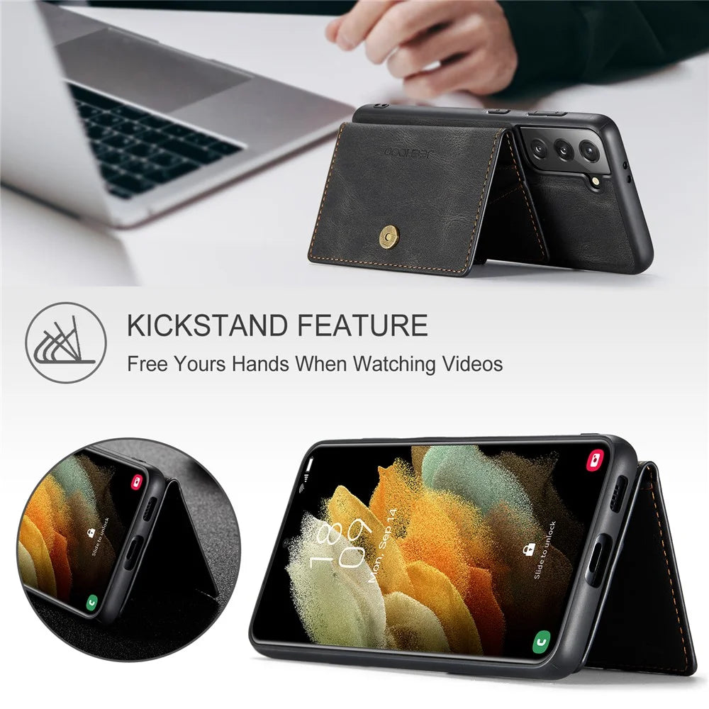 JEEHOOD Magnetic Wallet Design Detachable 2 in 1 Leather Coated TPU Case for Samsung Galaxy S21 4G/5G - Black - 3