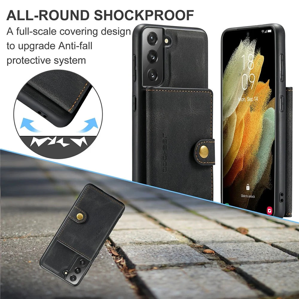 JEEHOOD Magnetic Wallet Design Detachable 2 in 1 Leather Coated TPU Case for Samsung Galaxy S21 4G/5G - Black - 4