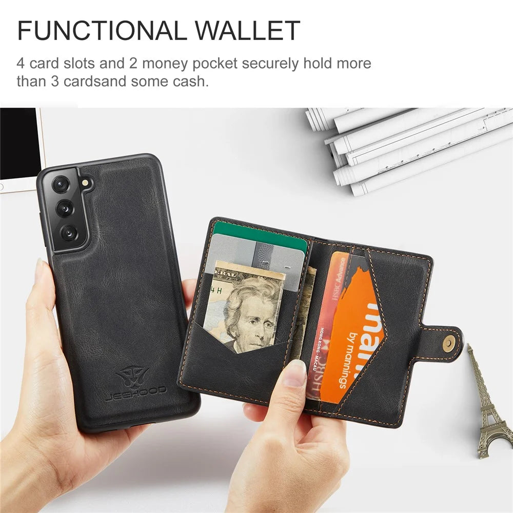 JEEHOOD Magnetic Wallet Design Detachable 2 in 1 Leather Coated TPU Case for Samsung Galaxy S21 4G/5G - Black - 5