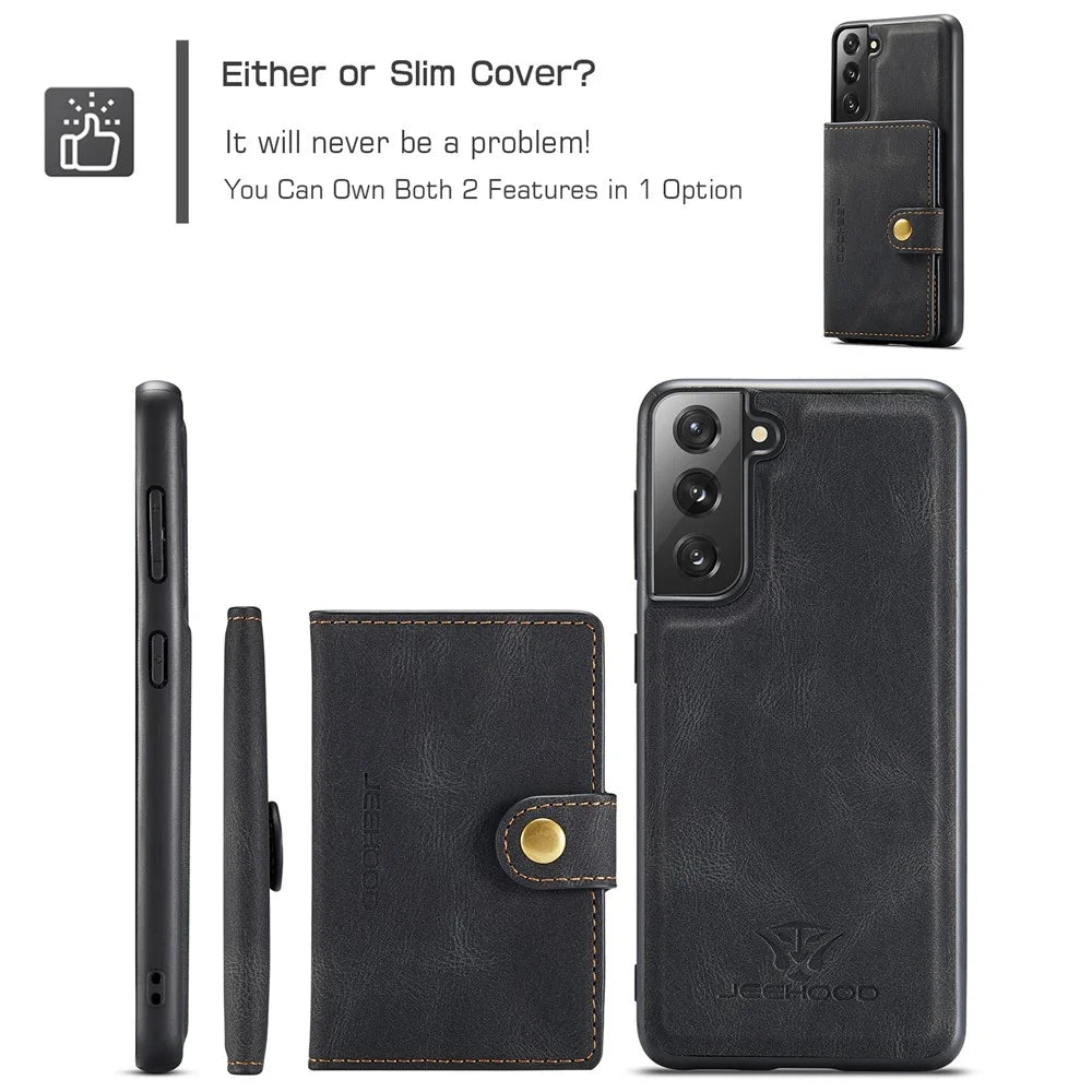 JEEHOOD Magnetic Wallet Design Detachable 2 in 1 Leather Coated TPU Case for Samsung Galaxy S21 4G/5G - Black - 7