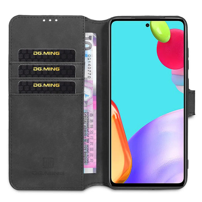DG.MING Retro Style Phone Case for Samsung Galaxy A52 4G/5G / A52s 5G Scratch-resistant Leather Wallet Stand Shell - Black - 4