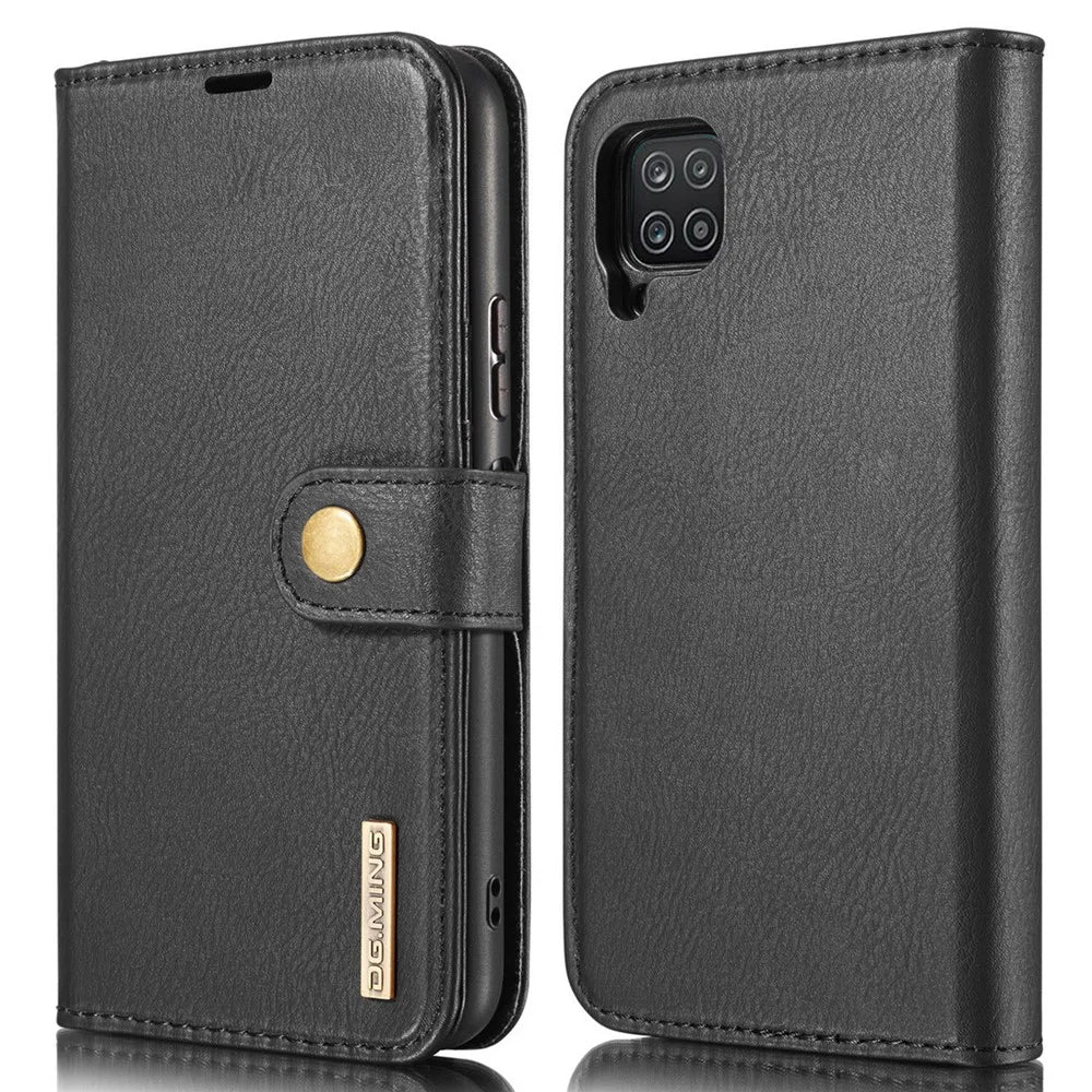 DG.MING Cover for Samsung Galaxy A12 Detachable 2-in-1 Anti-scratch Split Leather Wallet Shell + PC Back Case - Black - 1