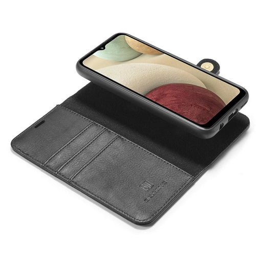 DG.MING Cover for Samsung Galaxy A12 Detachable 2-in-1 Anti-scratch Split Leather Wallet Shell + PC Back Case - Black - 2