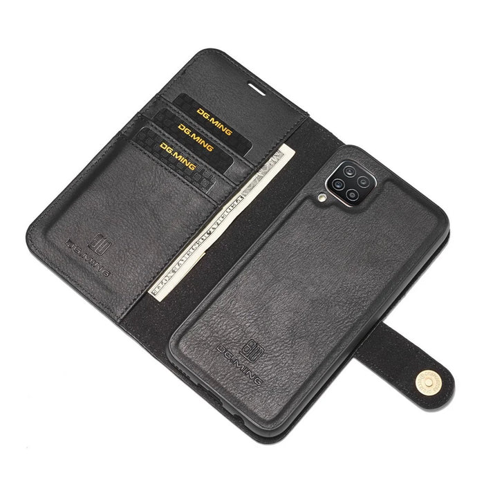DG.MING Cover for Samsung Galaxy A12 Detachable 2-in-1 Anti-scratch Split Leather Wallet Shell + PC Back Case - Black - 6