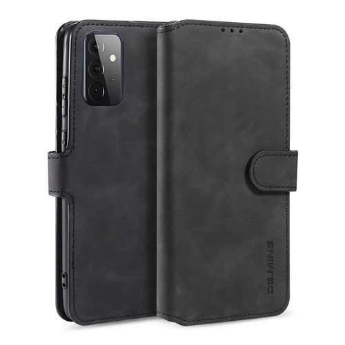 DG.MING For Samsung Galaxy A72 5G / A72 4G Shockproof Phone Case Retro Leather Wallet Stand Flip Cover - Black - 1