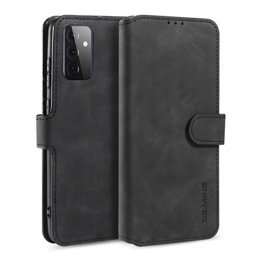 DG.MING For Samsung Galaxy A72 5G / A72 4G Shockproof Phone Case Retro Leather Wallet Stand Flip Cover - Black - 1