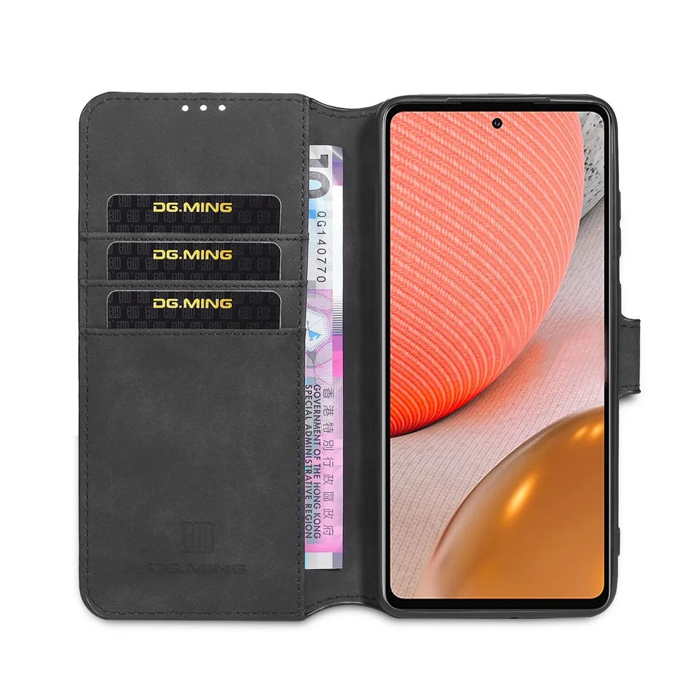 DG.MING For Samsung Galaxy A72 5G / A72 4G Shockproof Phone Case Retro Leather Wallet Stand Flip Cover - Black - 4
