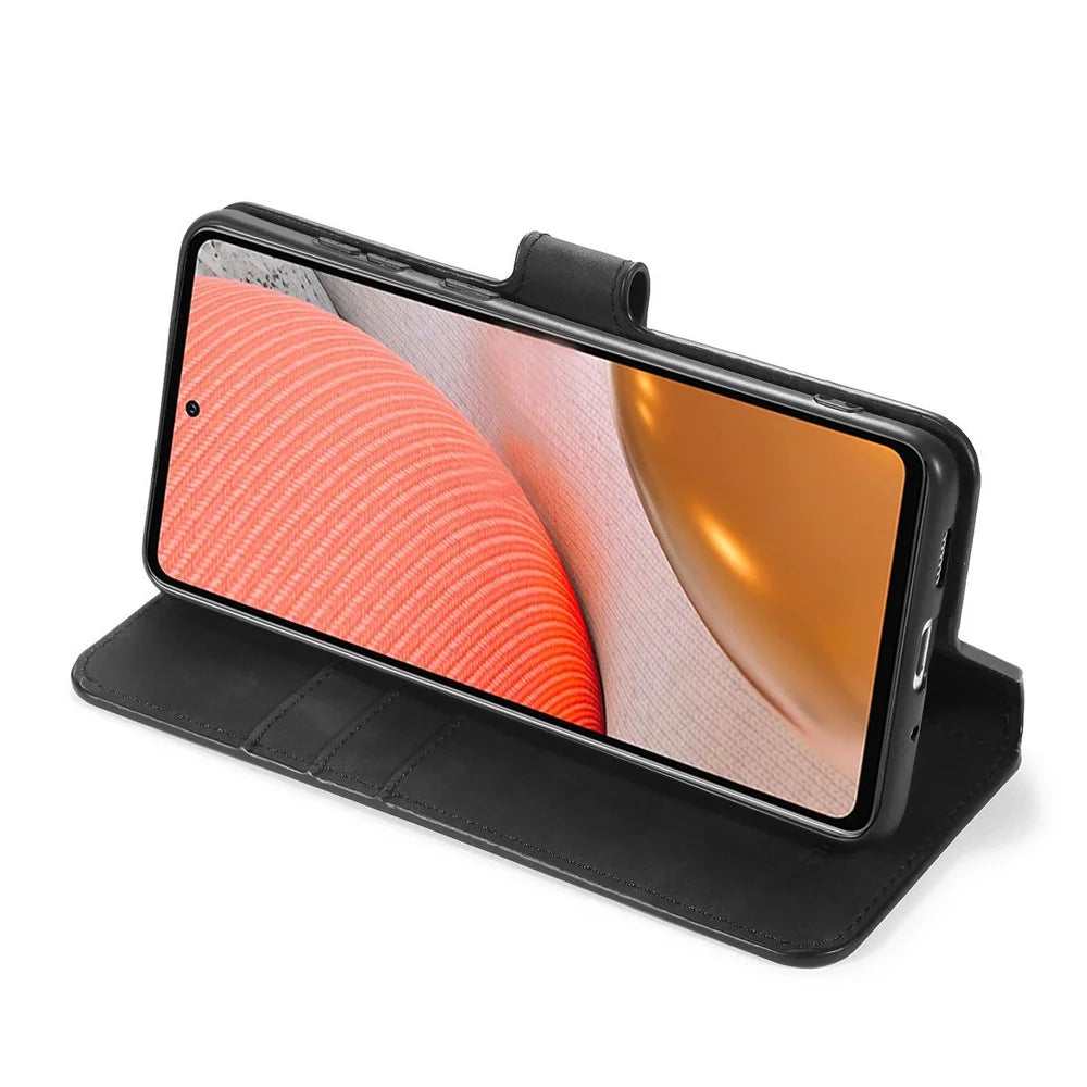 DG.MING For Samsung Galaxy A72 5G / A72 4G Shockproof Phone Case Retro Leather Wallet Stand Flip Cover - Black - 5