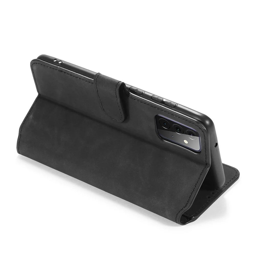 DG.MING For Samsung Galaxy A72 5G / A72 4G Shockproof Phone Case Retro Leather Wallet Stand Flip Cover - Black - 6