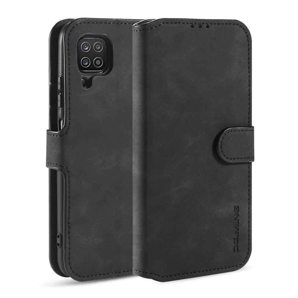 DG.MING Retro Style for Samsung Galaxy A12 Case Leather Wallet Stand Shell - Black - 1