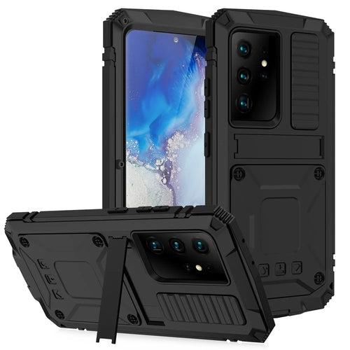 R-JUST Shockproof Dustproof Kickstand TPU+Metal Protector Cover Kickstand Shell for Samsung Galaxy S21 Ultra 5G - Black - 1