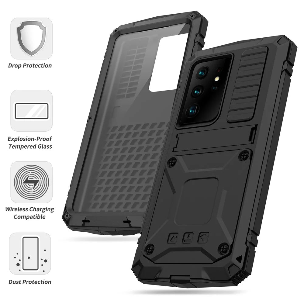 R-JUST Shockproof Dustproof Kickstand TPU+Metal Protector Cover Kickstand Shell for Samsung Galaxy S21 Ultra 5G - Black - 4