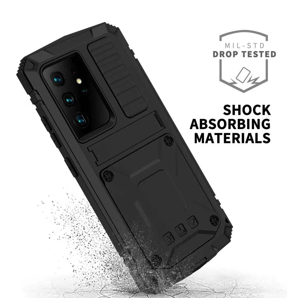 R-JUST Shockproof Dustproof Kickstand TPU+Metal Protector Cover Kickstand Shell for Samsung Galaxy S21 Ultra 5G - Black - 6
