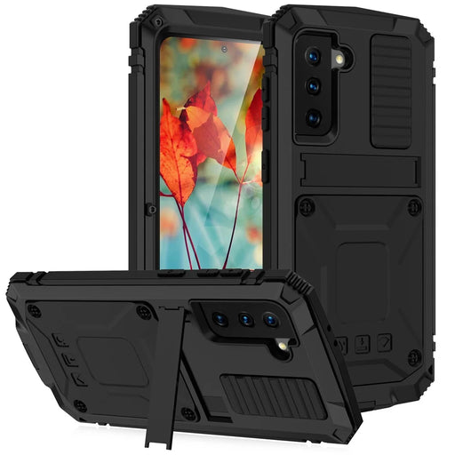 R-JUST Shockproof Dustproof Kickstand TPU+Metal Protector Cover Kickstand Shell for Samsung Galaxy S21 4G/5G - Black - 1