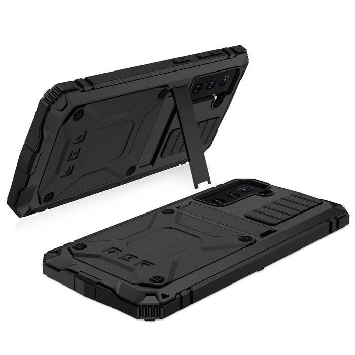 R-JUST Shockproof Dustproof Kickstand TPU+Metal Protector Cover Kickstand Shell for Samsung Galaxy S21 4G/5G - Black - 2