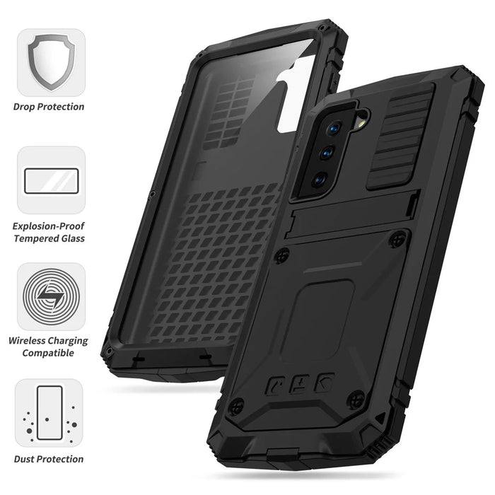 R-JUST Shockproof Dustproof Kickstand TPU+Metal Protector Cover Kickstand Shell for Samsung Galaxy S21 4G/5G - Black - 3