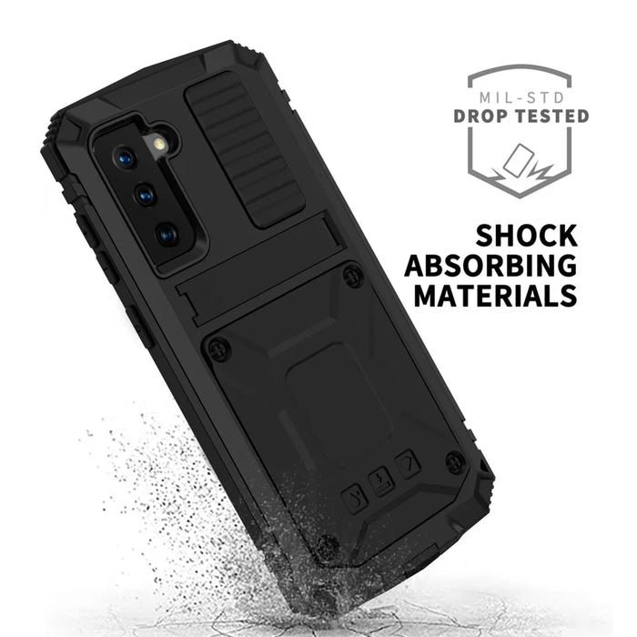 R-JUST Shockproof Dustproof Kickstand TPU+Metal Protector Cover Kickstand Shell for Samsung Galaxy S21 4G/5G - Black - 6