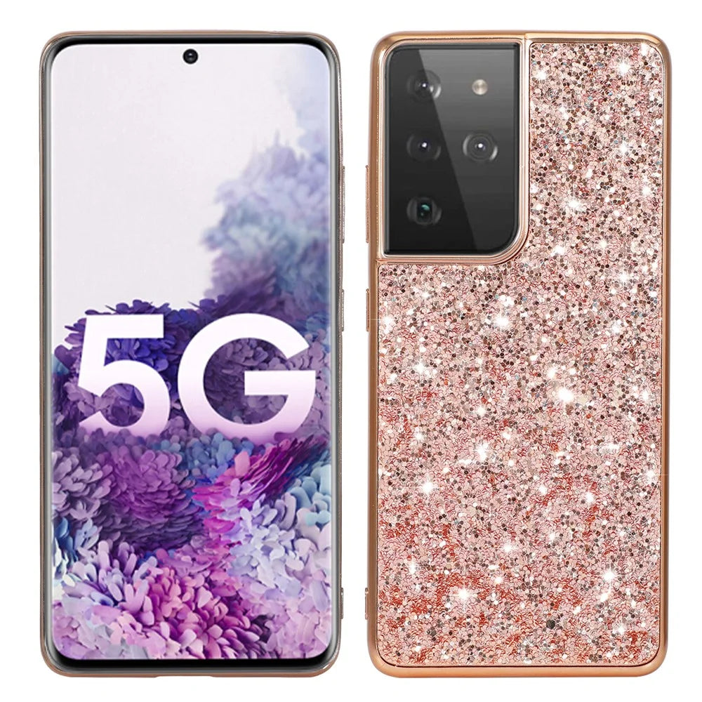 Glittering Sequins Design Plated TPU Frame + PC Hybrid Shell Case for Samsung Galaxy S21 Ultra 5G - Rose Gold - 1