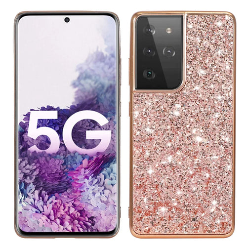 Glittering Sequins Design Plated TPU Frame + PC Hybrid Shell Case for Samsung Galaxy S21 Ultra 5G - Rose Gold - 1
