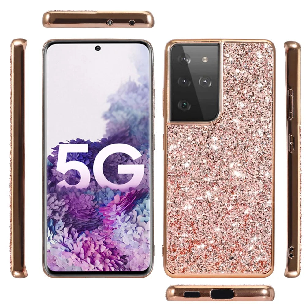 Glittering Sequins Design Plated TPU Frame + PC Hybrid Shell Case for Samsung Galaxy S21 Ultra 5G - Rose Gold - 2