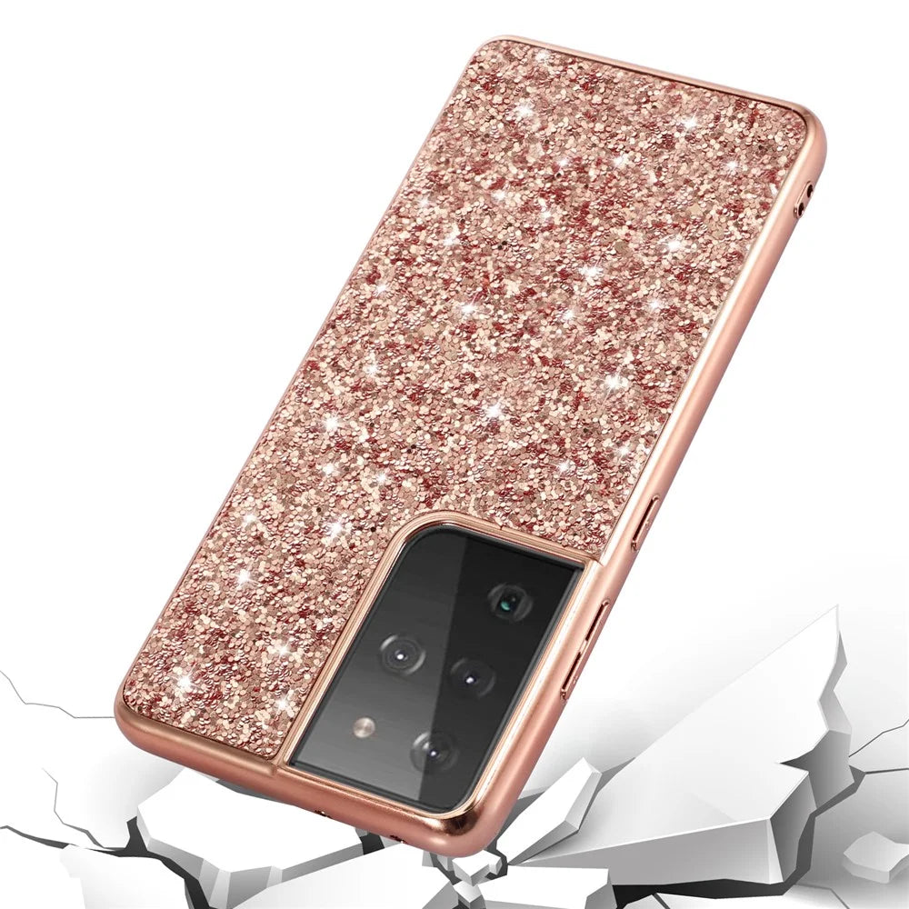 Glittering Sequins Design Plated TPU Frame + PC Hybrid Shell Case for Samsung Galaxy S21 Ultra 5G - Rose Gold - 3