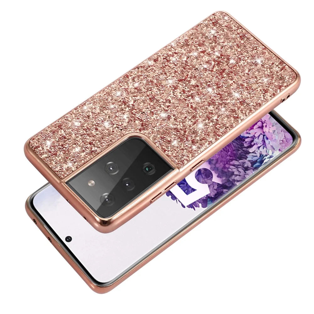 Glittering Sequins Design Plated TPU Frame + PC Hybrid Shell Case for Samsung Galaxy S21 Ultra 5G - Rose Gold - 4