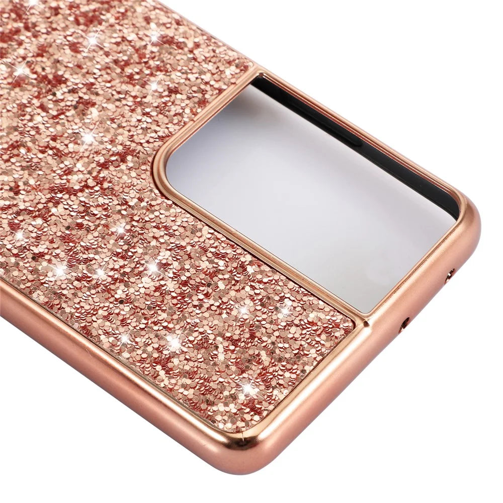 Glittering Sequins Design Plated TPU Frame + PC Hybrid Shell Case for Samsung Galaxy S21 Ultra 5G - Rose Gold - 5
