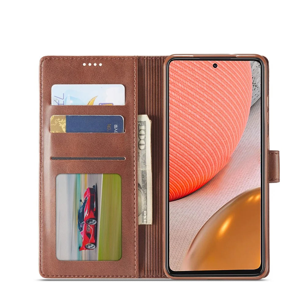 LC.IMEEKE Wallet Stand Leather Shell for Samsung Galaxy A72 5G Magnetic Clasp Closure Design Cell Phone Cover Case - Coffee - 4