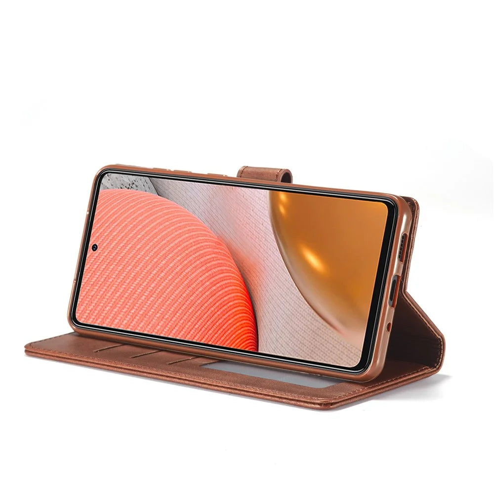 LC.IMEEKE Wallet Stand Leather Shell for Samsung Galaxy A72 5G Magnetic Clasp Closure Design Cell Phone Cover Case - Coffee - 6