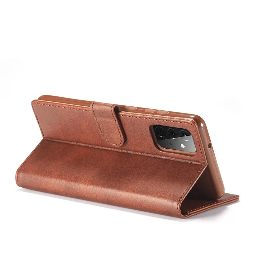 LC.IMEEKE Wallet Stand Leather Shell for Samsung Galaxy A72 5G Magnetic Clasp Closure Design Cell Phone Cover Case - Coffee - 7