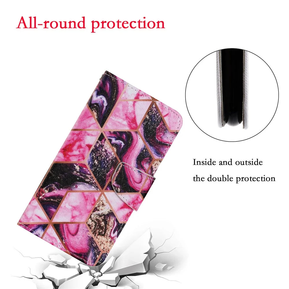 Pattern Printing TPU + PU Leather Wallet Stand Cross Texture Phone Case with Lanyard for Samsung Galaxy A52 4G/5G / A52s 5G - Marbling - 4