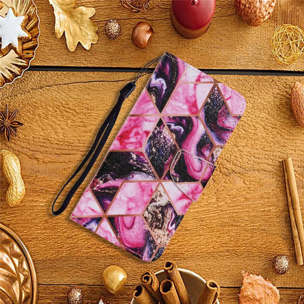 Pattern Printing TPU + PU Leather Wallet Stand Cross Texture Phone Case with Lanyard for Samsung Galaxy A52 4G/5G / A52s 5G - Marbling - 7