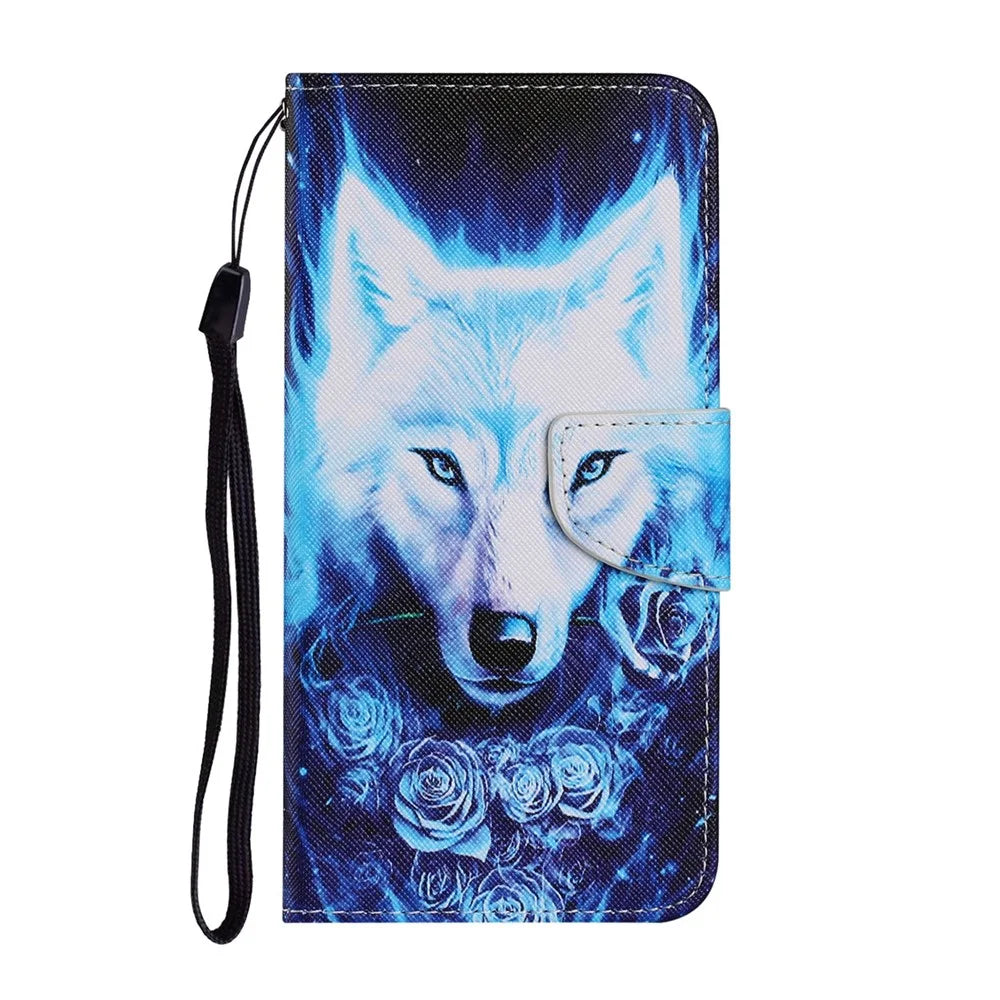 Pattern Printing TPU + PU Leather Wallet Stand Phone Case with Lanyard for Samsung Galaxy A12 - Wolf - 1