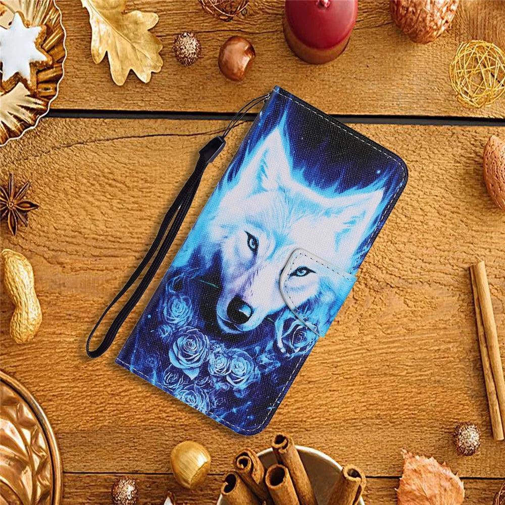 Pattern Printing TPU + PU Leather Wallet Stand Phone Case with Lanyard for Samsung Galaxy A12 - Wolf - 5