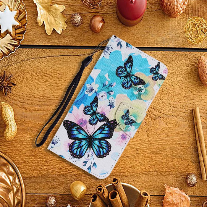 Pattern Printing TPU + PU Leather Wallet Stand Phone Case with Lanyard for Samsung Galaxy A02s (164.2mm) - Butterfly - 5