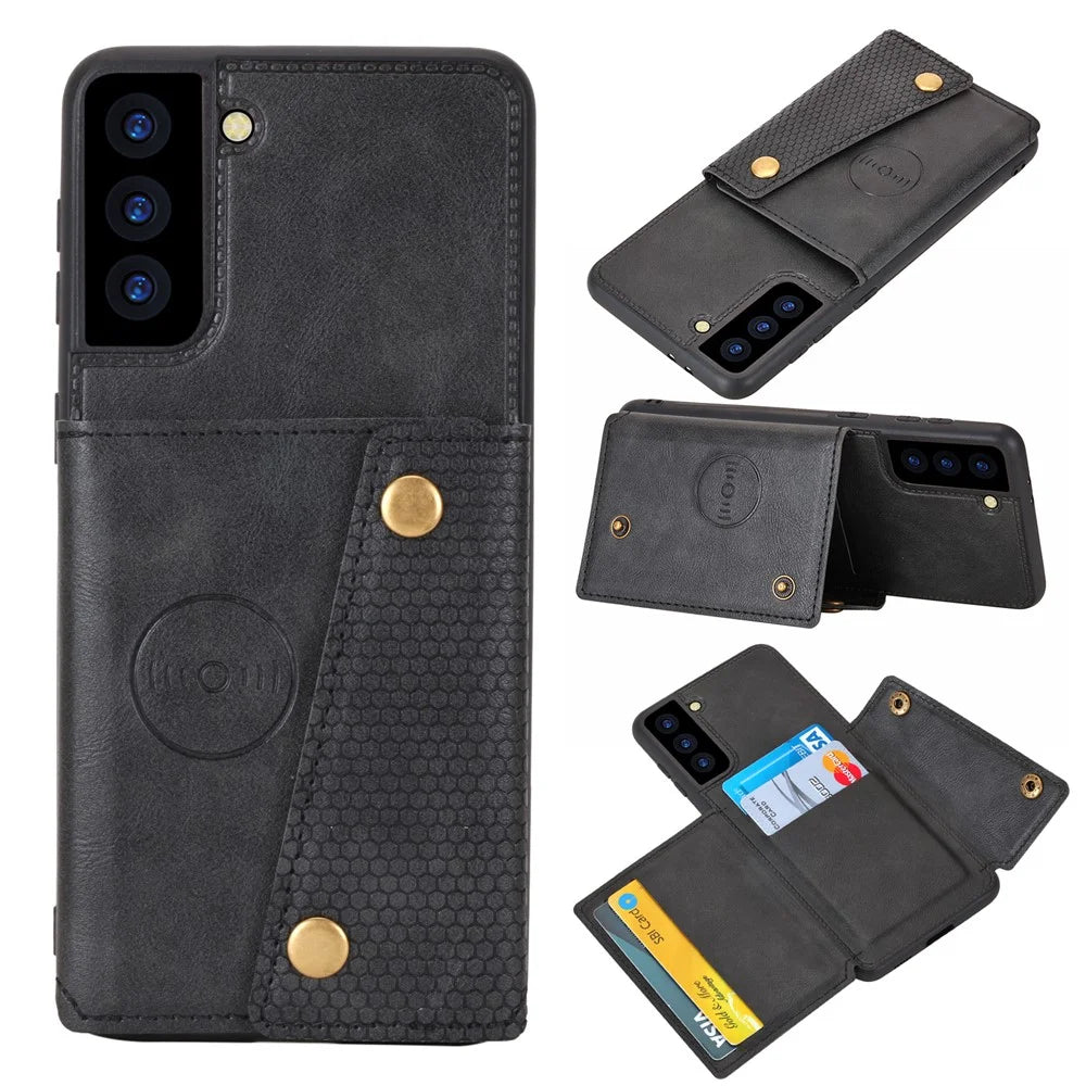 [Built-in Vehicle Magnetic Sheet] PU Leather Coated TPU Shell Case Kickstand + Card Slots for Samsung Galaxy S21 Plus 5G - Black - 1