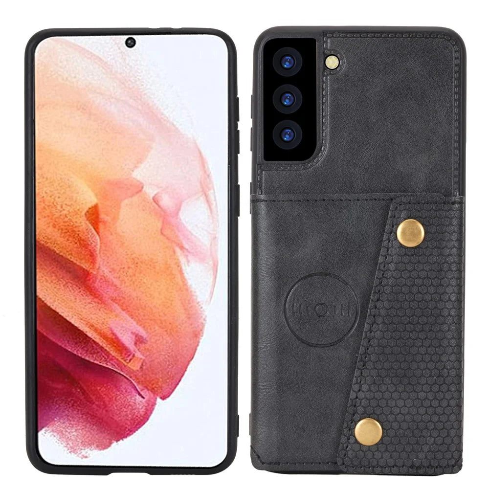 [Built-in Vehicle Magnetic Sheet] PU Leather Coated TPU Shell Case Kickstand + Card Slots for Samsung Galaxy S21 Plus 5G - Black - 2