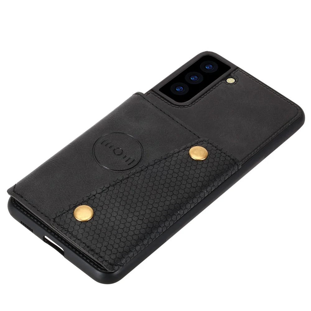 [Built-in Vehicle Magnetic Sheet] PU Leather Coated TPU Shell Case Kickstand + Card Slots for Samsung Galaxy S21 Plus 5G - Black - 4