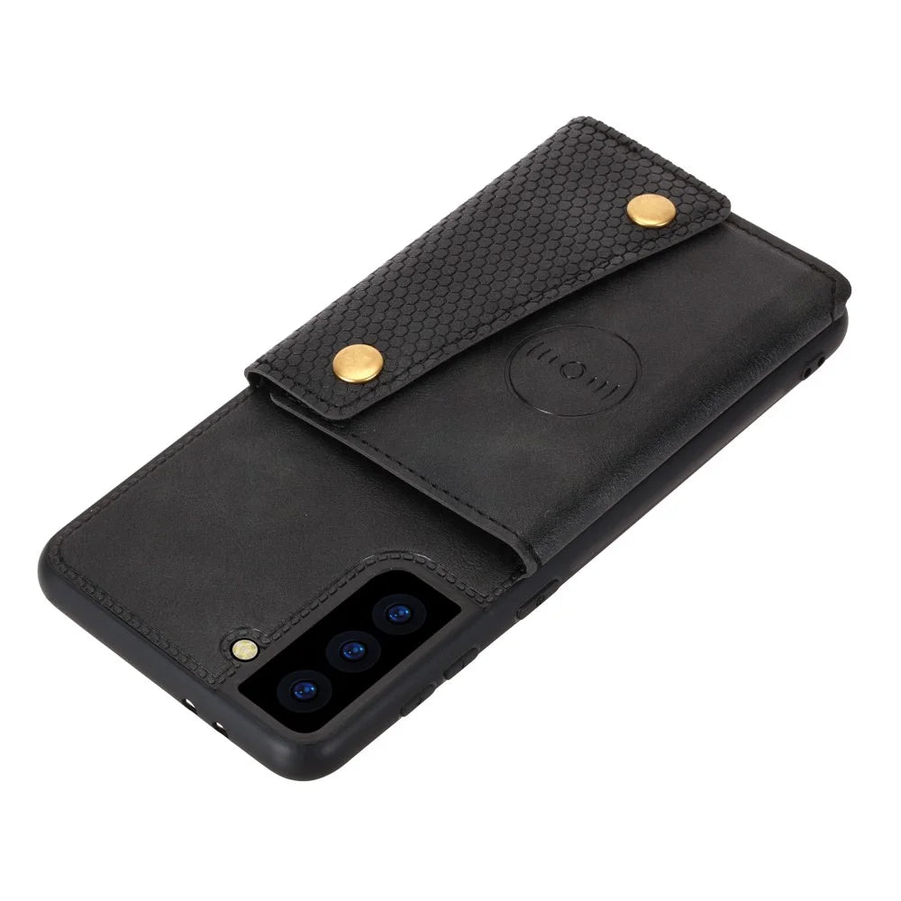 [Built-in Vehicle Magnetic Sheet] PU Leather Coated TPU Shell Case Kickstand + Card Slots for Samsung Galaxy S21 Plus 5G - Black - 5