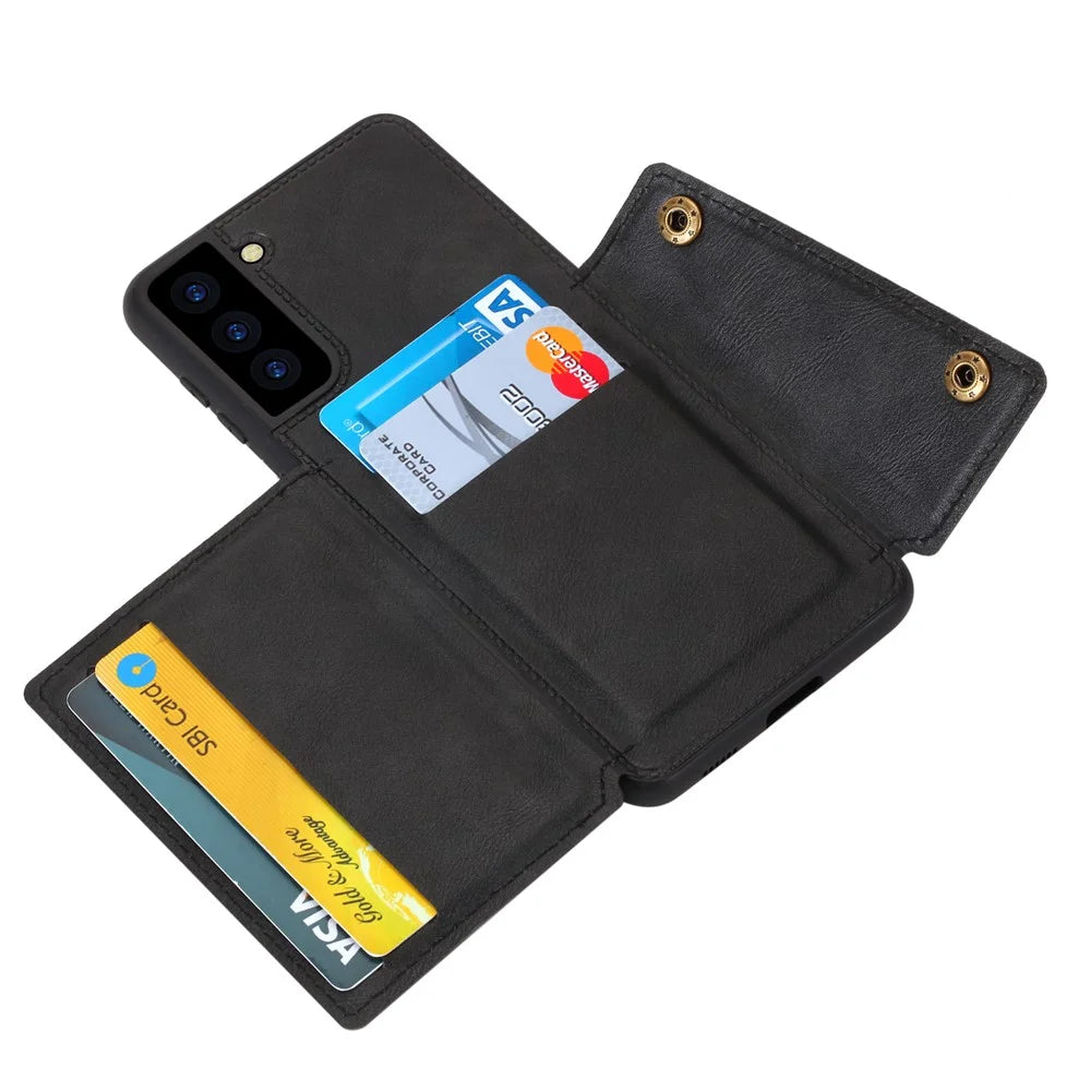 [Built-in Vehicle Magnetic Sheet] PU Leather Coated TPU Shell Case Kickstand + Card Slots for Samsung Galaxy S21 Plus 5G - Black - 6