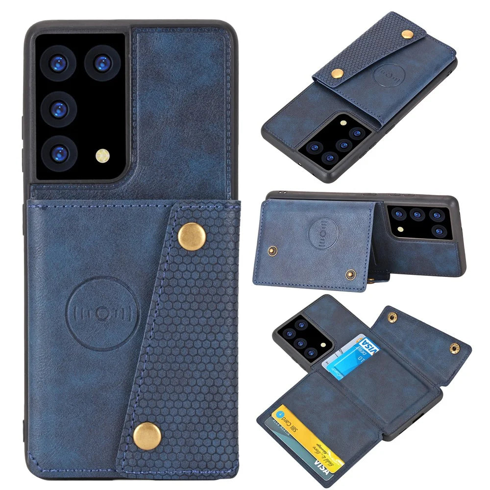 Card Slots Design PU Leather Coated TPU Shell Case with Kickstand + Built-in Magnetic Sheet for Samsung Galaxy S21 Ultra 5G - Blue - 1