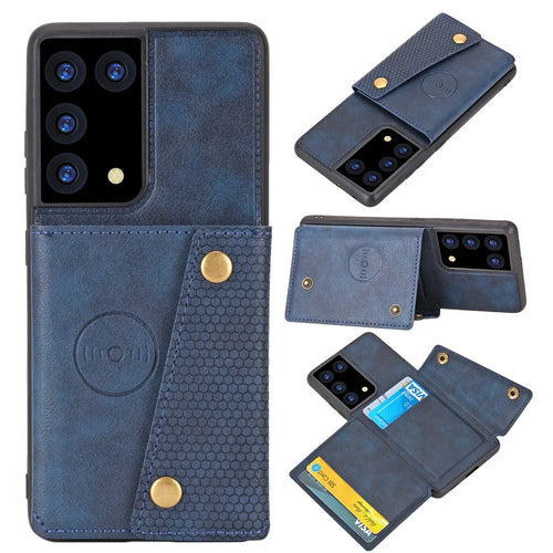 Card Slots Design PU Leather Coated TPU Shell Case with Kickstand + Built-in Magnetic Sheet for Samsung Galaxy S21 Ultra 5G - Blue - 1