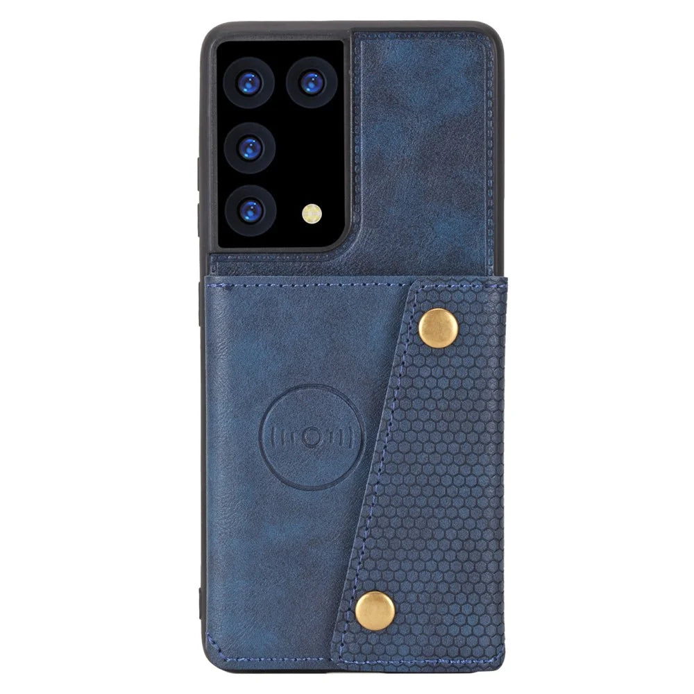 Card Slots Design PU Leather Coated TPU Shell Case with Kickstand + Built-in Magnetic Sheet for Samsung Galaxy S21 Ultra 5G - Blue - 3