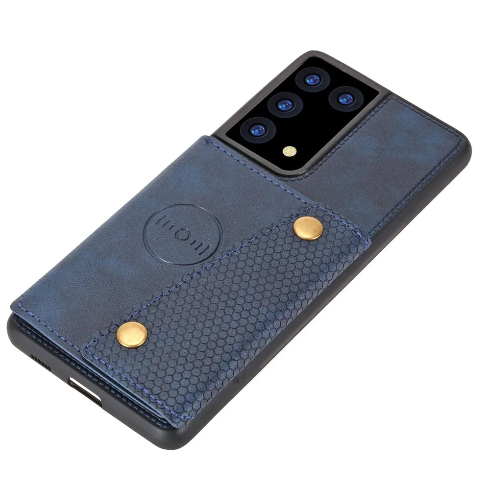 Card Slots Design PU Leather Coated TPU Shell Case with Kickstand + Built-in Magnetic Sheet for Samsung Galaxy S21 Ultra 5G - Blue - 4