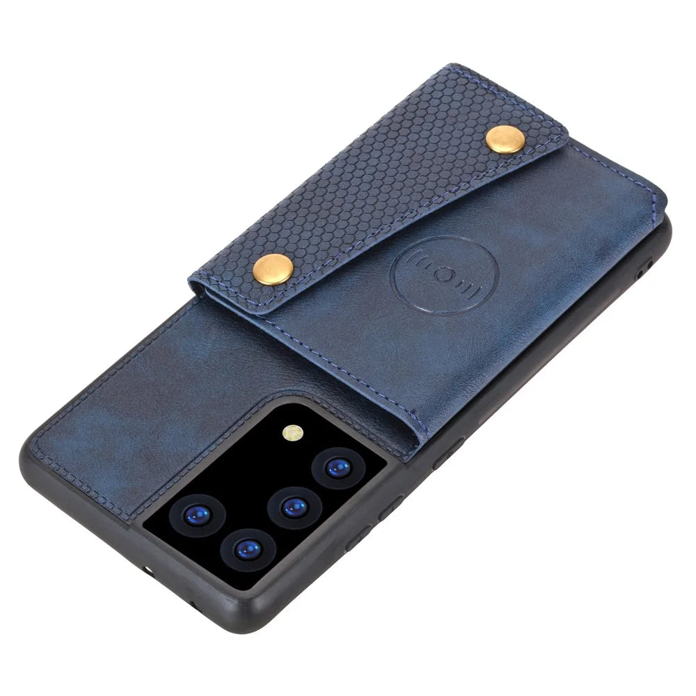 Card Slots Design PU Leather Coated TPU Shell Case with Kickstand + Built-in Magnetic Sheet for Samsung Galaxy S21 Ultra 5G - Blue - 5