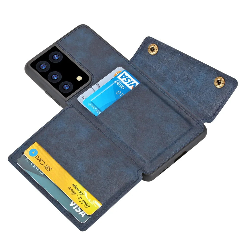 Card Slots Design PU Leather Coated TPU Shell Case with Kickstand + Built-in Magnetic Sheet for Samsung Galaxy S21 Ultra 5G - Blue - 6
