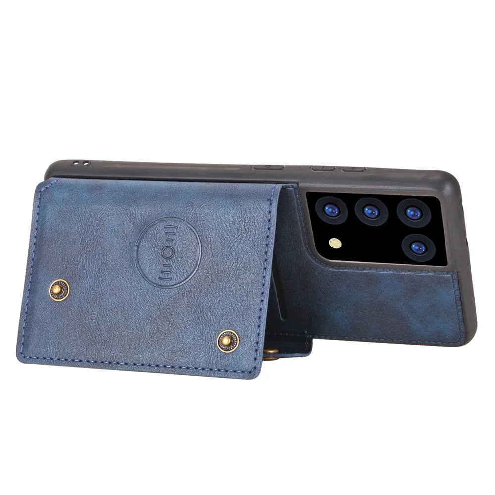 Card Slots Design PU Leather Coated TPU Shell Case with Kickstand + Built-in Magnetic Sheet for Samsung Galaxy S21 Ultra 5G - Blue - 7