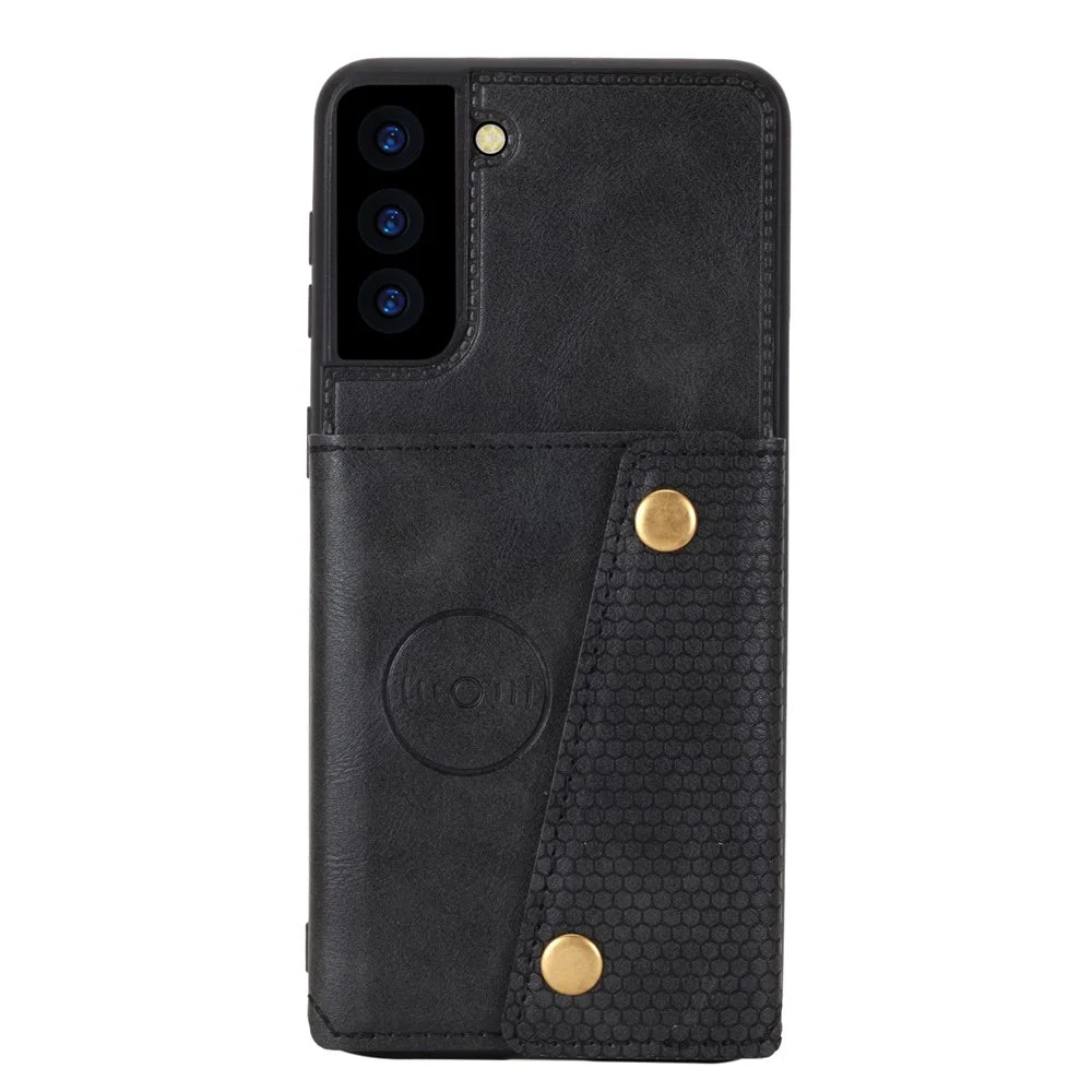 For Samsung Galaxy S21 4G/5G Card Slots Kickstand Design PU Leather Coated TPU Shell Case [Built-in Vehicle Magnetic Sheet] - Black - 3