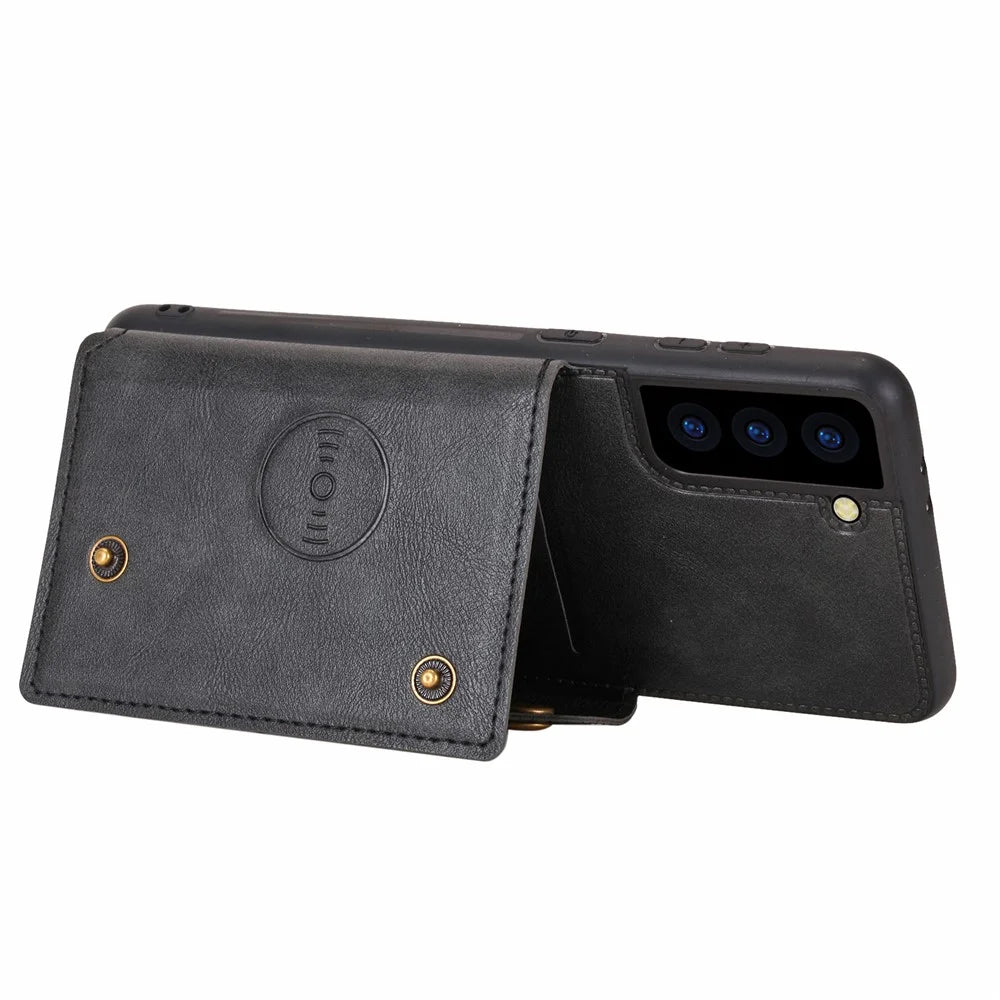 For Samsung Galaxy S21 4G/5G Card Slots Kickstand Design PU Leather Coated TPU Shell Case [Built-in Vehicle Magnetic Sheet] - Black - 7